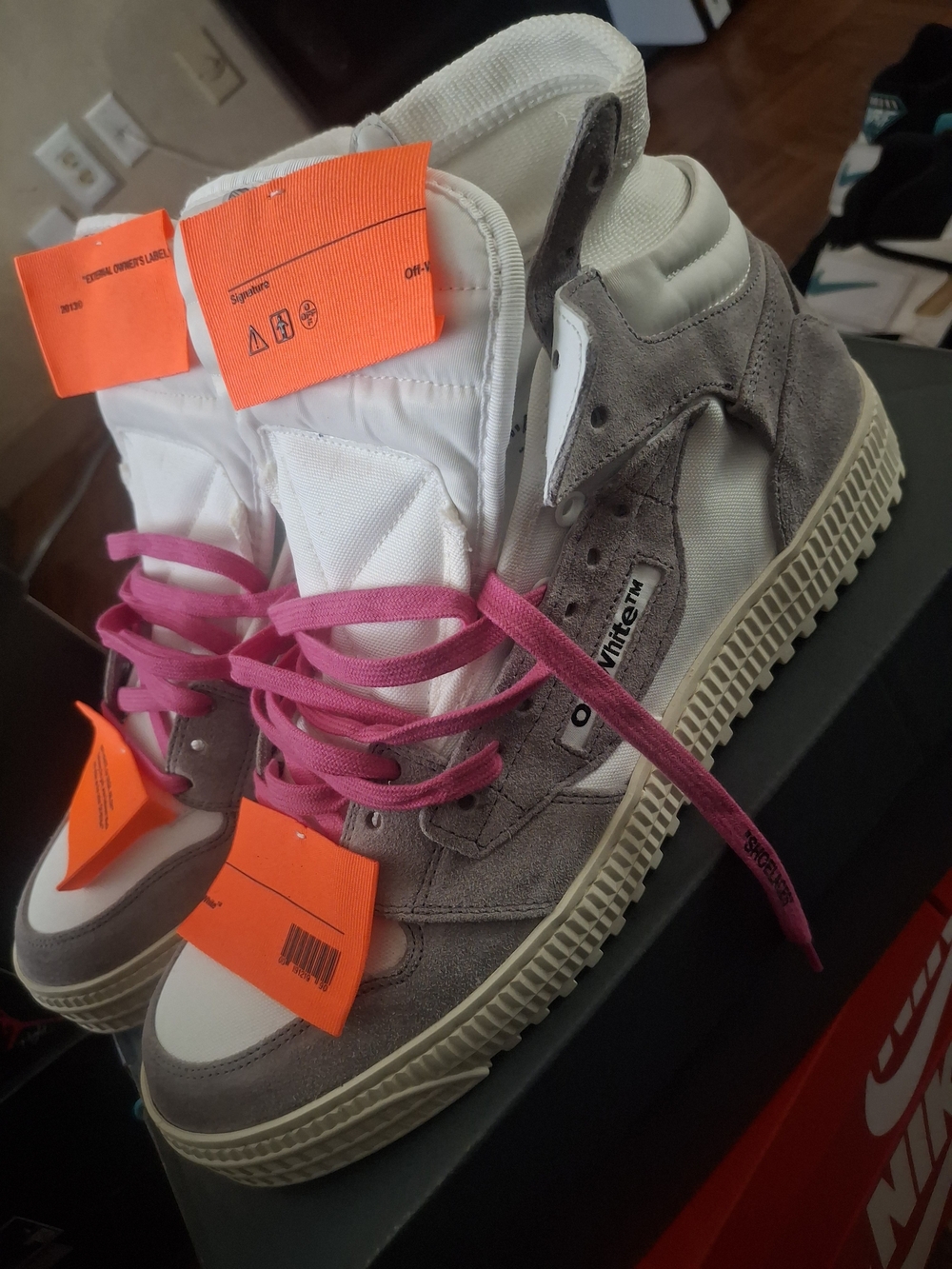 Off-White Mens 3.0 "Off Court" Sneakers in Gray with Pink Laces and Orange Tags